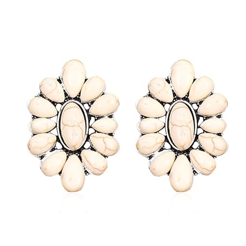 Bohemian Vintage Turquoise Oval Flower Stud Earrings Geometric Ethnic Teardrop Earrings Western Cowgirl Jewelry Gift for Women - Main Image