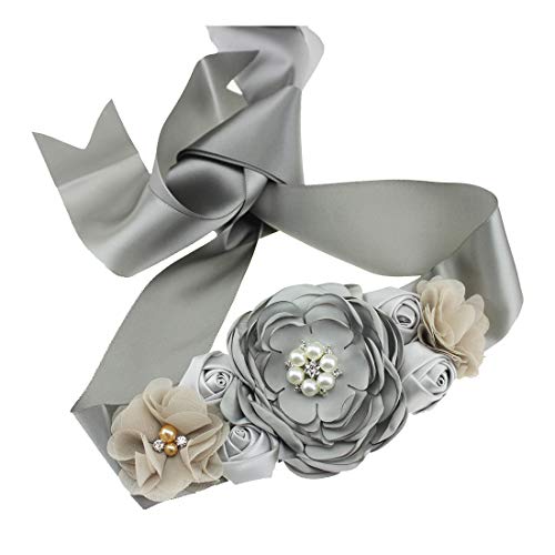 Lauthen.S Maternity Pregnancy Flower Sash Belt, Floral Pearls Sash for Baby Gender Reveal