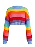 Verdusa Women's Striped Rainbow Cropped Sweater Long Sleeve Lightweight Cute Knit Tops Pullovers Multicolor Large