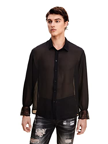 WDIRARA Men's Floral Lace Trim Mesh Long Sleeve Collared Sheer Top Button Down Shirt
