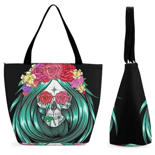 Sac à main crâne aux cheveux verts imprimé original et grand volume de 28.5cm