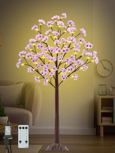 4FT Cherry Blossom Tree with 56 LED Lights, 168 Lush Pink Flowers, Artificial Lighted Cherry Blossom Tree with Remote 8 Modes, Timer for Spring Wedding Party Valentines Indoor Outdoor Decoration
