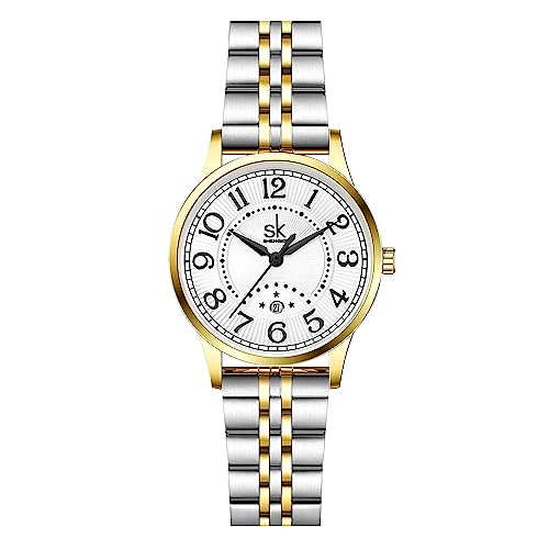 SHENGKE SK Business Klassische Damenuhr mit echtem Leder, Edelstahlband, Elegante Damenuhr, Römischer Stahl