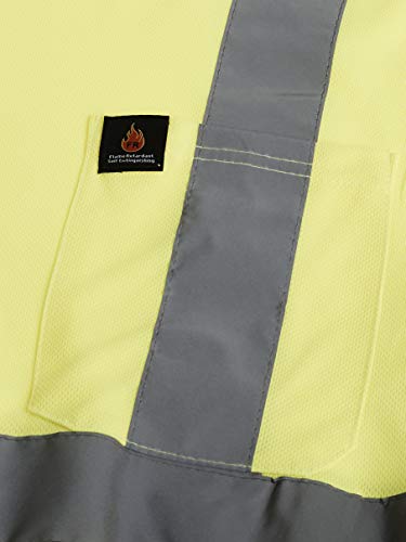 Ironwear 1204Fr-L-Tp-3-Lg Ansi Class 3 Flame Retardant Polyester Long Sleeve Crew Neck Safety Shirt With Pocket & 2" Silver Reflective Tape, Lime, Large #TOP3