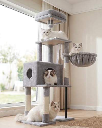 Image of Heybly Cat Tree with Toy, 49.2 inch Cat Tower for Indoor Cats HCT200SW-1 | Spacious Cat House Condo with Hidden Space，Soft Plush Top Perch，Cozy Hammock and Sisal Scratching Posts, Light Gray
