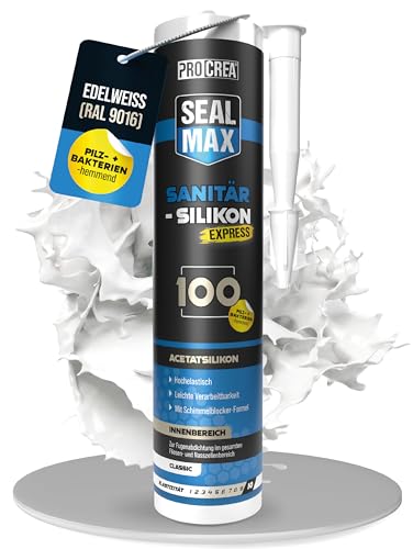PROCREA® Premium Sanitärsilikon '100' (edelweiß) [Schimmelresistent] Hochwertiges Sanitärsilikon zum abdichten für Fugen in Bad, Dusche & Küche uvm. - Silicon weiß - Profi-Qualität