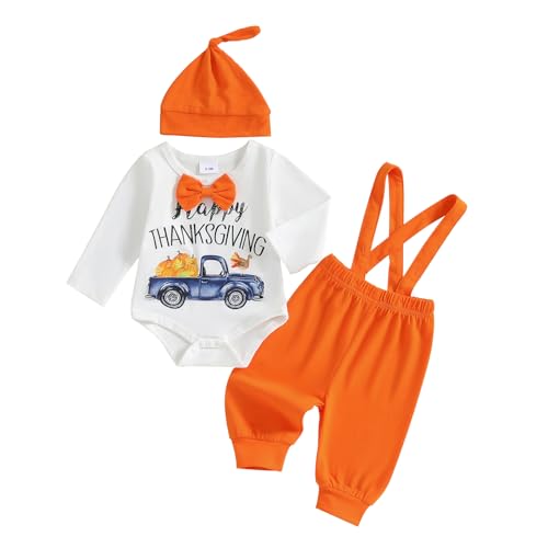Image of Frietlebird Newborn Baby Boy Halloween Thanksgiving Christmas Outfit Long Sleeve Romper Suspender Pants Fall Winter Clothes