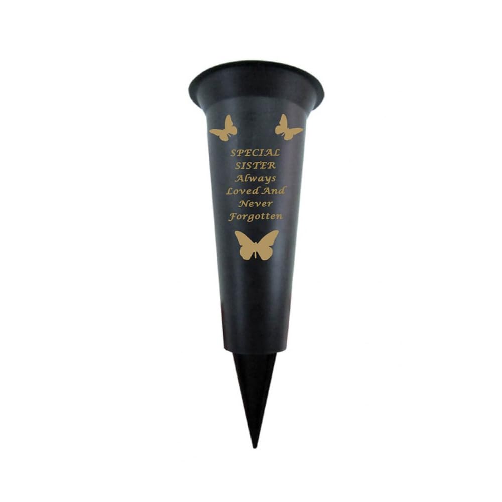 Memorial Grave Vases Ornaments Plastic Flower Holders - Butterfly Spike Grave Flower Vase Holders with Funeral Verses for Your Loved Ones - Black (Sister)