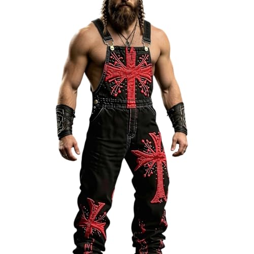 Salopette homme Vikings en denim imprimé à bretelles ajustables style streetwear rétro