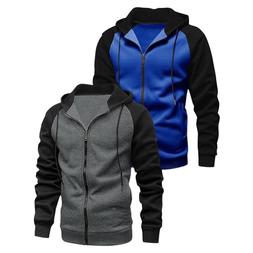 2 Pack Men's Novelty Color Block Hoodies Full Zip Track Jacket Casual Fleece Zipper Hoodie Hooded Sweatshirt