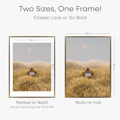 Image of Homeforia Picture 18x24 Bronze Frame, High End Metal 18x24 Brass Poster Frames with Mat 16x20 for Photo, 18 x 24 Frame Matted to 16 x 20 Print, 24x18 Hanging Frames, Tempered Glass, Wall Kit, Set of 2