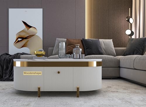 Image of Premium Marble-Top Center Table with One Storage Door and PVD Coated lron Legs and Coffee Table with Oval Design for Living Room and Entryway,42x24x18 Inch, (White and Gold)