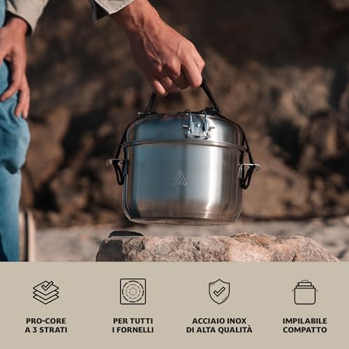 Campo Libre.® Enzo Set Pentole Da Campeggio – Pentole E Padella In Acciaio Inox Resistente Con Tecnologia Procore, Compatibile Con Fornello Elettrico, Induzione, Gas, Compatto E Impilabile. - 3