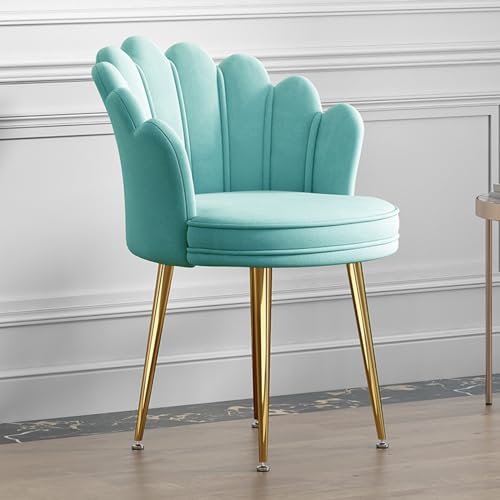 Moderna silla de comedor de terciopelo con respaldo de pétalos, taburete de oficina o ocio, elegante sillón con patas de metal, altura del asiento de 47 cm, cómoda silla de acento azul