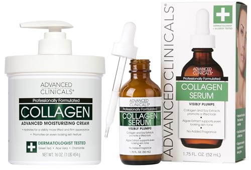 Image of Advanced Clinicals Unscented Collagen Body Cream + Collagen Serum For Face 2PC Skincare Set | Face Serum & Body Lotion For Women & Men Helps Improve Look Of Wrinkles & Dry Skin, Fragrance Free, 2pc
