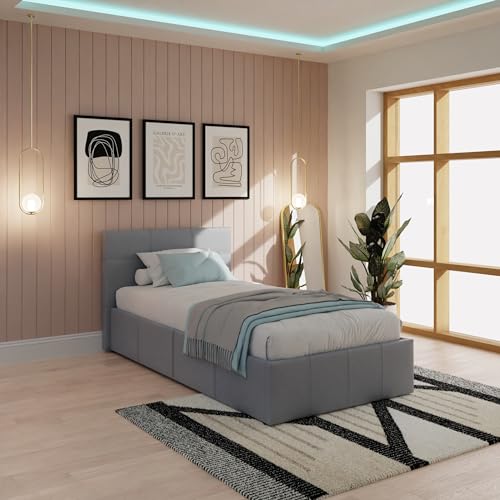 GFW End Lift Single Grey Upholstered Fabric Ottoman Bed Frame Storage Bed with Hydraulic Lift and Stitched Headboard