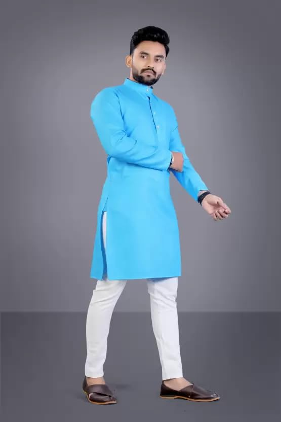 Image of weltpocket Men's Cotton Blend Solid Straight Kurta Pyjama (XX-Large, Sky)