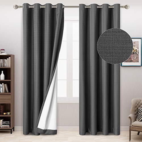 LORDTEX 100% Blackout Curtains for Bedroom - Textured Faux Linen Curtains, Thermal Insulated Sun Light Blocking Grommet Window Drapes for Living Room, Set of 2 Curtain Panels, 52 x 84 Inch, Grey