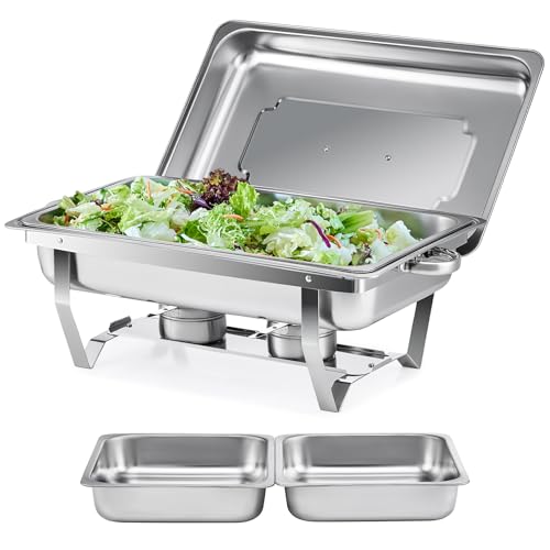 WILPREP Chafing Dish Ensemble avec 1 Plat Complet + 2 Demi Plats, Buffets Chauffants Rectangulaire 9L en Acier Inoxydable pour Restaurants Fêtes Buffets...