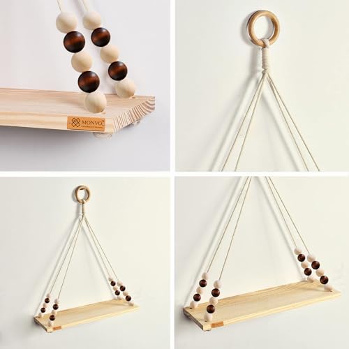 Image of Hanging Shelf with Magic Hook, Use Decor Plants, Books, Decorative Gift Items Nursery Livingroom Wooden Beads & Ring Woven Bohemian Chic for Dorm (Multicolor Beads, Medium)