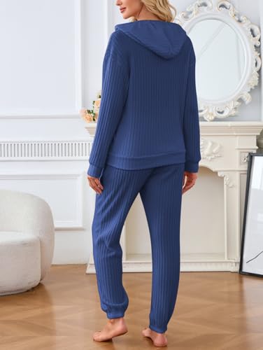 Image of Famulily 2 Pieces Ribbed Knit Outfits Drawstring Hoodies Jogger Pants Matching Pajama Sets with Pockets