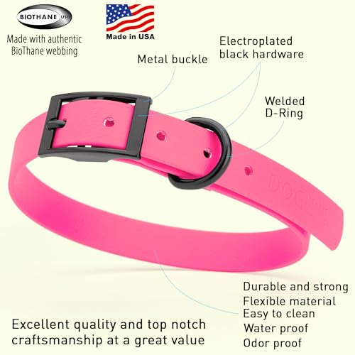 Image of Dogline Biothane Waterproof Dog Collar Strong Coated Nylon Webbing with Black Hardware Odor- Proof for Easy Care Easy to Clean High Performance Fits Small Medium or Large Dogs, Passionfruit Pink