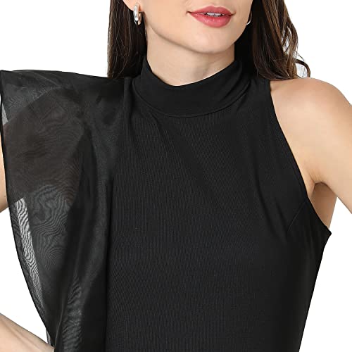 Image of PINACOLADA Women's Solid Black Slim Fit Dress with Sheer Detailing for Casual Wear | Knee Length | Crew Neck | Sleeveless | Stylish Dress Crafted with Comfort Fit & High Performance for Everyday Wear