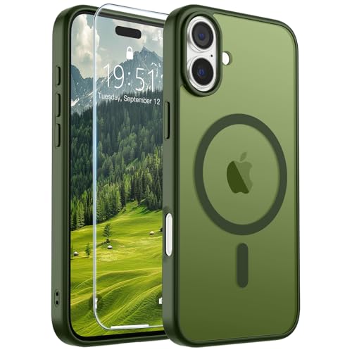 Image of SUPFINE Magnetic for iPhone 16 Plus Case (Compatible with MagSafe) (Military Grade Drop Protection) Slim Translucent Matte Shockproof with Anti-Fingerprint Phone Case,Cangling Green