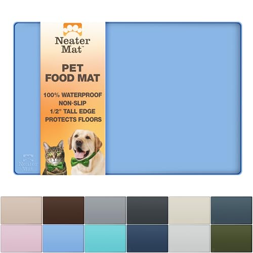Image of Neater Pet Brands Neater Mat Pet Mats for Food and Water, Cat & Dog Bowl Mat Waterproof Silicone, Feeding Tray, Dog Food Mats for Floors, Placemat w /Raised Edge for Under Bowls, 16 inch x 10 inch, Light Blue