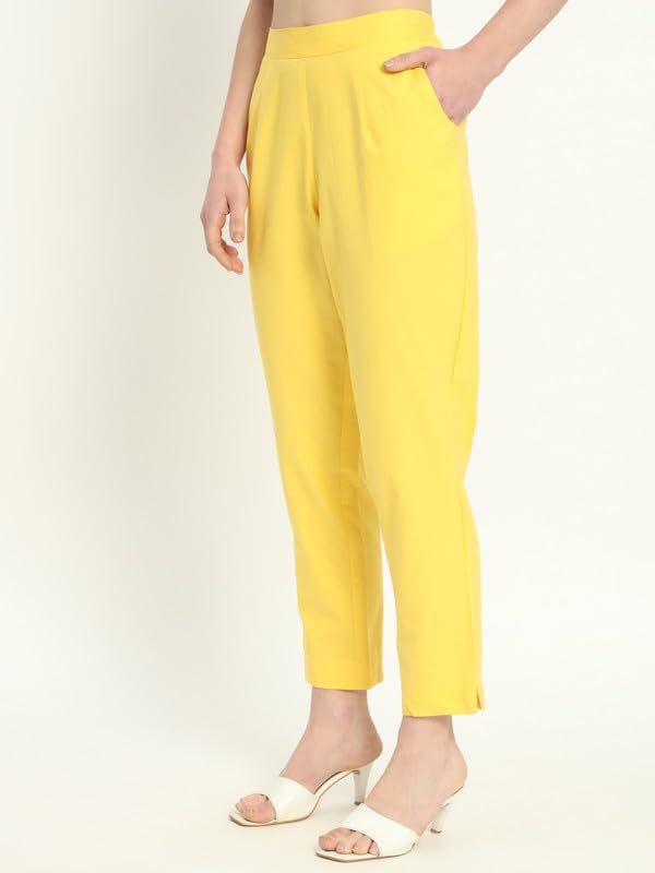 Image of Women's Solid Straight Fit 100% Cotton Trousers | High Waist, Side Pockets, Ankle Length Pants for Office, Casual
