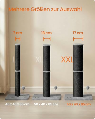 Feandrea Kratzbaum, 85 cm hoch, Kratzsäule XXL, 17 cm Dicker Stamm, Katzenbaum, Kratzstamm auch für große Katzen wie Maine-Coon-Katze, Sisalstamm, mit Plüschball und Glocke, tintenschwarz PCA042B101