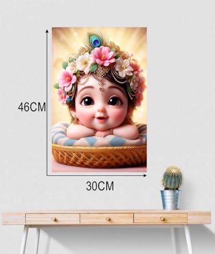 Image of Akki Wold Little Kanha In Basket Wall Poster Living Room, Office, Pooja Room (Size - 46CM X 30CM)