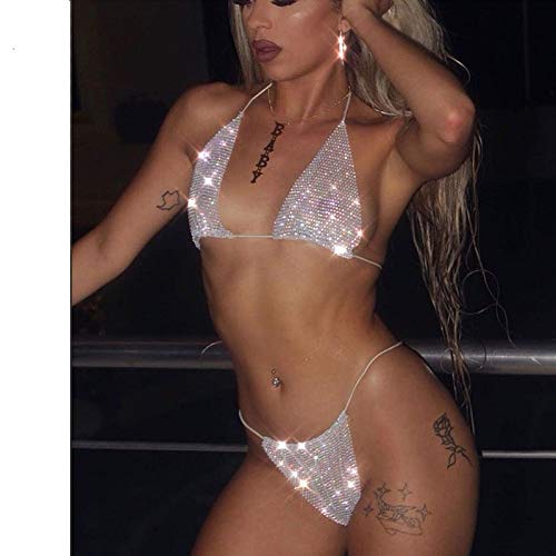 Lingerie for Women,Sleepwear Shinny Halter Mini Design White Lingerie 2 Piece Set Bra and G-String Party Simple Tight Babydoll Sleepwear Set for Women Wedding Night Gift One Size