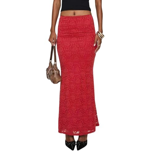 Bowanadacles Long Skirts for Woman Spring Elegant High Waist Bodycon Maxi Skirts Lace Skirts Fishtail Ruched Elastic Skirts