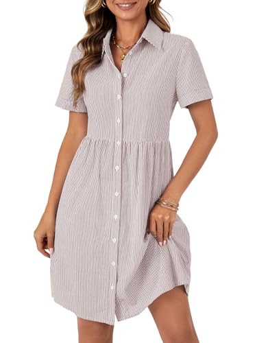 Image of Rooscier Women's Striped Shirt Dress Button Down Collared Short Sleeve Mini Dress