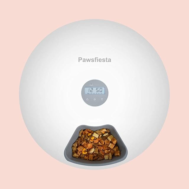 Pawsfiesta Automatic Pet Dog Cat Feeder with Programmable Digital Timer, 6-Meal Food Dispenser Trays, Power by USB or Battery, Portion Control, LCD Display, Feeds Wet or Dry Food