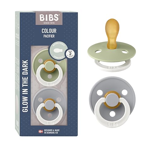 Image of BIBS Pacifiers 6-18 Months | 2-Pack Soothers | BPA-Free Symmetrical Nipple | Made in Denmark | Sage Glow /Cloud Glow Colour Pacifier