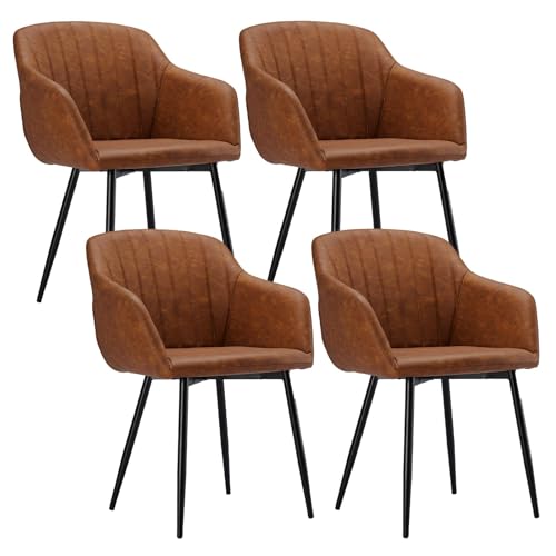 Goeurvant Dining Chairs Set of 4 PU Leather Kitchen Chairs with Armrests Upholstered Chair with Metal Legs Brown