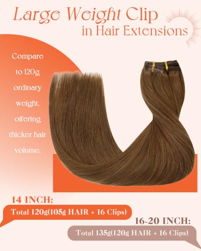 Image of Sunny Hair Clip in Hair Extensions Real Human Hair Natural Light Brown | 14 Inch 120g Remy Hair for Women Clip ins Secure Hold for Healthy Full Natural Hair Appearance Heat Styling Friendly