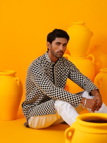 Image of SOJANYA (Since 1958 Men's Cotton Rayon Sequinned Embroidered Kurta with White Pyjama