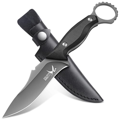 Produktfoto von Golden Bird Outdoormesser mit fester Klinge, 12 cm, Überlebensmesser mit Griff G10, Jagdmesser mit Lederscheide,…