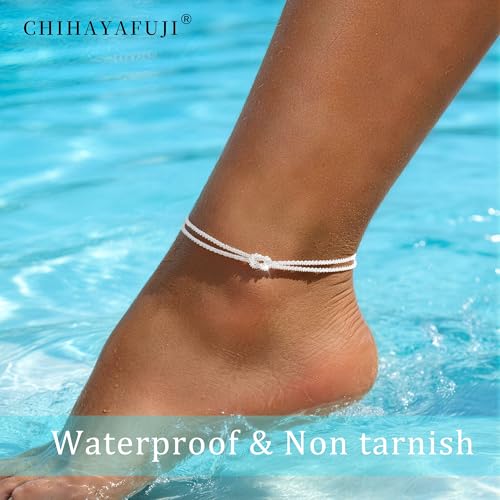 Chihayafuji Sterling Silver Plated Ankle Bracelets for Women Waterproof Layered Braided Chain Knot Charm Stackable Adjustable Non Tarnish Nickel Free Anklets Bracelet for Summer Beach Jewelry - image 2