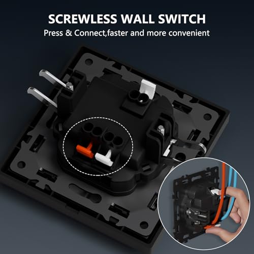 BSEED Lichtschalter Unterputz mit Steckklemme,2 Fach 1 Weg Lichtschalter mit LED Kontrollleuchte,Modern Wandschalter mit PC Rahmen,Unterputz Schalter Schwarz- 80X80mm