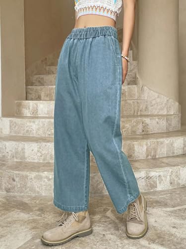 Image of Sugathari Girl's & Women's Denim Cotton Elastic Waist Cropped Straight Ankle Length Wide Leg Casual Baggy Jeans for Women, Trousers Pant for Women (Jeans 239)
