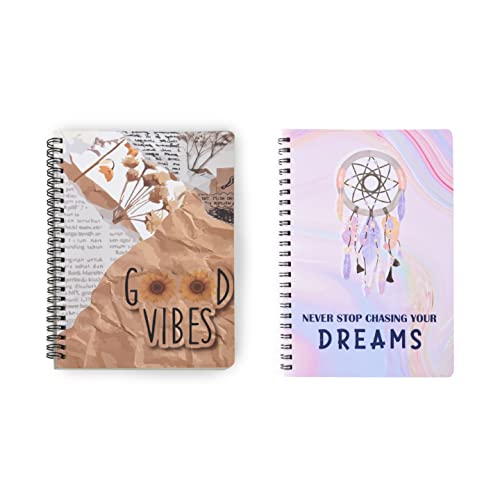 Image of PAPBOO A5, Easy to Carry, Good Vibes & Dreams, Spiral Wiro Notebook : 100 GSM Natural Shade Paper, Dot Grid, 2 * 120 Pages, Journal, Diary, Gift