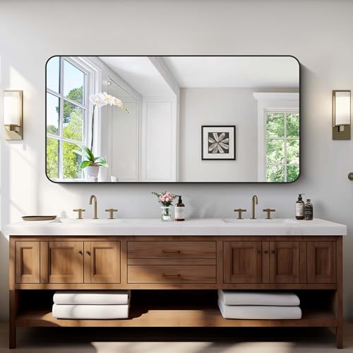 Image of Bathroom Mirror, 60 x 30 inch Black Rectangle Wall Mirror, Metal Frame Rounded Corner Vanity Mirror, Large Wall Mounted Mirrors for Over Sink Bedroom Living Room Horizontal Or Vertical Mounting