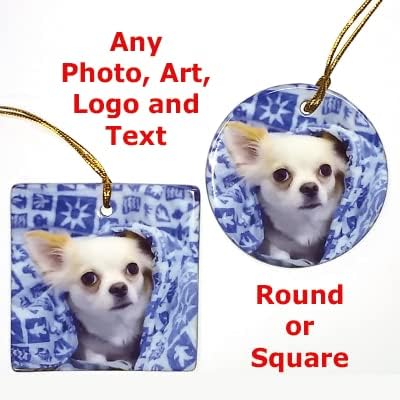 Personalized Ornament, Add Photo Text or Art Design and Make Your own Customized Porcelain Ceramic Ornament, Gold String and Gift Bag Included (Round Porcelain Ornament)
