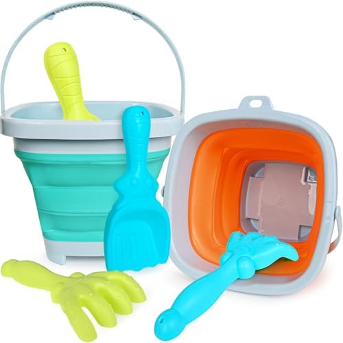 Kids Beach Sand Toys Set with Collapsible Bucket, Sand Rake and Shovel