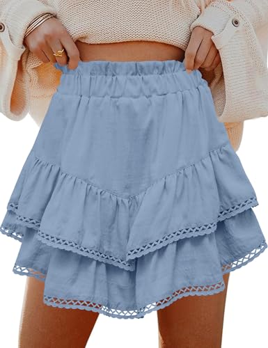 LOMON Womens Boho Mini Skirt Cotton Flowy Skorts Fashion Beach Skirts for Women Going Out Trendy Skirt with Shorts Gray Blue
