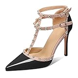 Women’s Studded Heels Studs Heeled Sandals with Ankle Strap Stiletto High Heel Pumps Black Patent Leather Heels Fashion Wedding Shoes Bridal Shoes 4 Inch Size 7